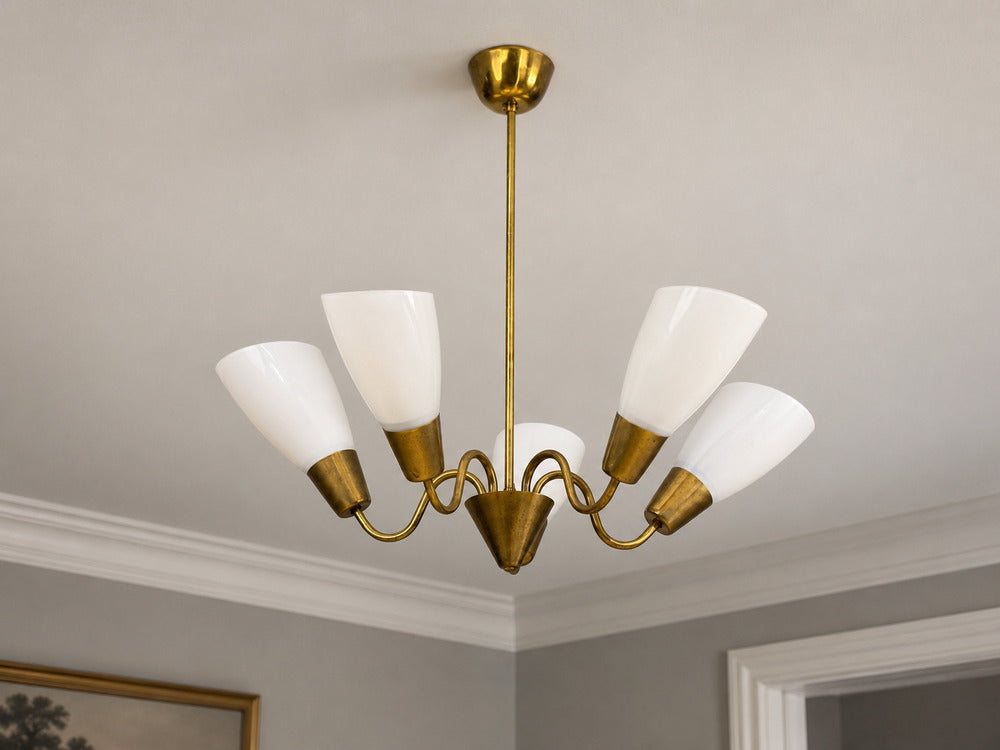 Itsu, Finnish Modern, Chandelier, Brass, Glass, Finland, 1940s