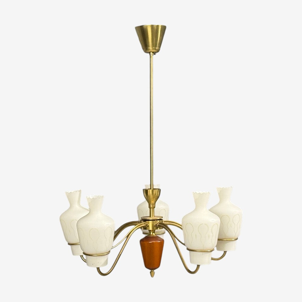Swedish Modern, Chandelier, Brass, Mahogany, Glass, Sweden, 1940s