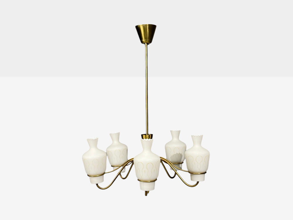 Swedish Modern, Chandelier, Brass, Mahogany, Glass, Sweden, 1940s