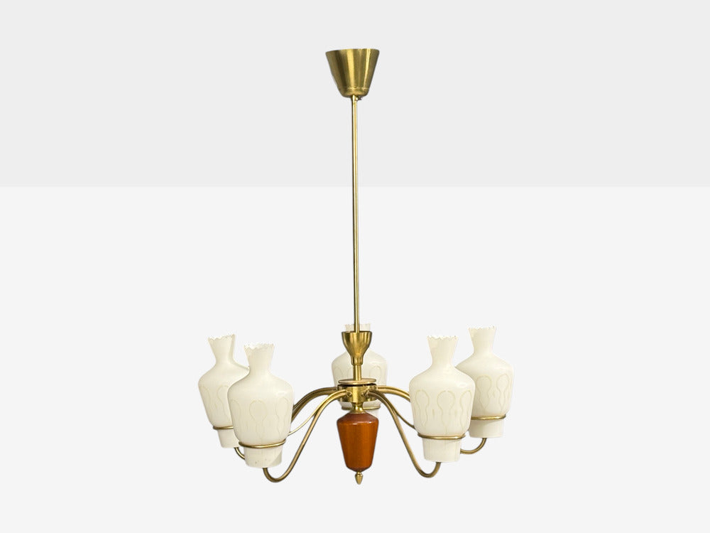 Swedish Modern, Chandelier, Brass, Mahogany, Glass, Sweden, 1940s