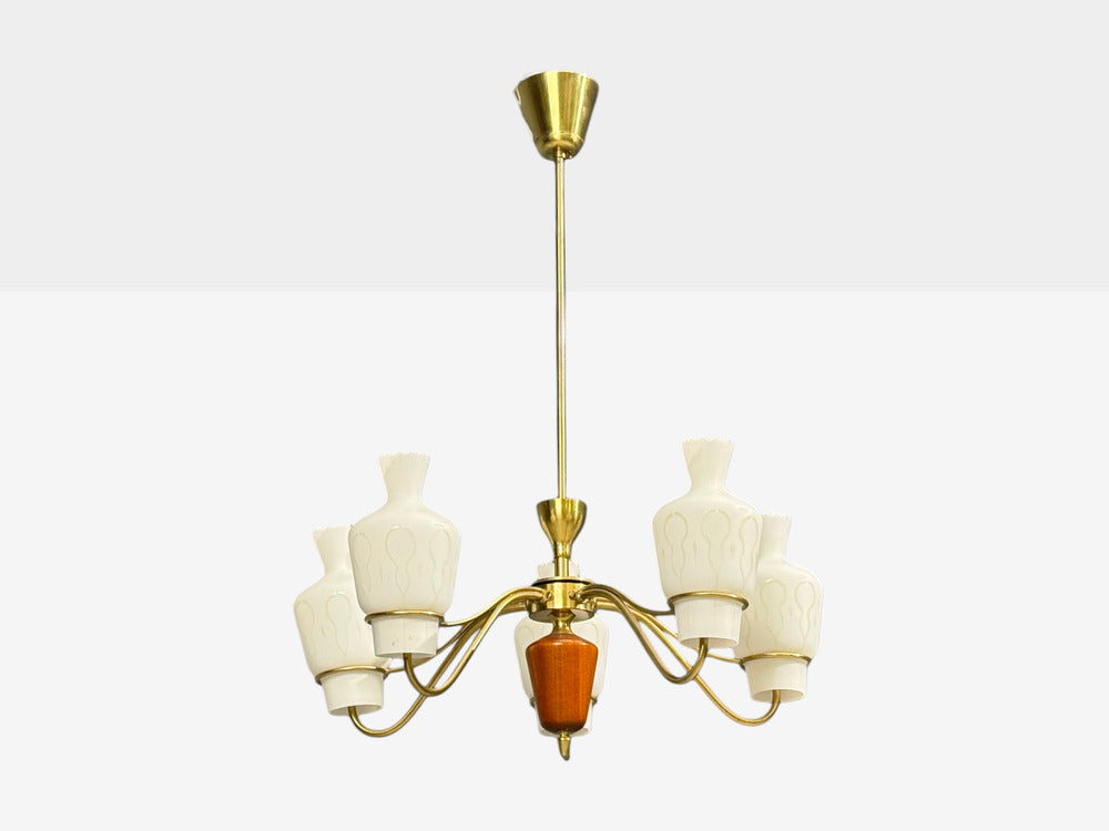 Swedish Modern, Chandelier, Brass, Mahogany, Glass, Sweden, 1940s