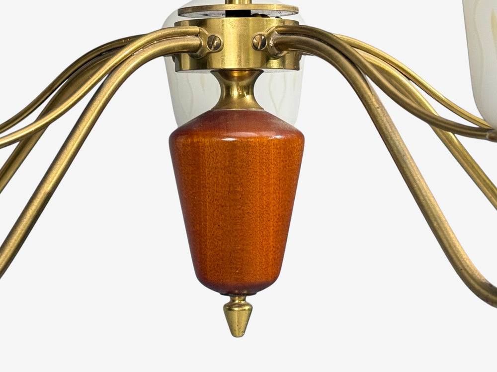 Swedish Modern, Chandelier, Brass, Mahogany, Glass, Sweden, 1940s