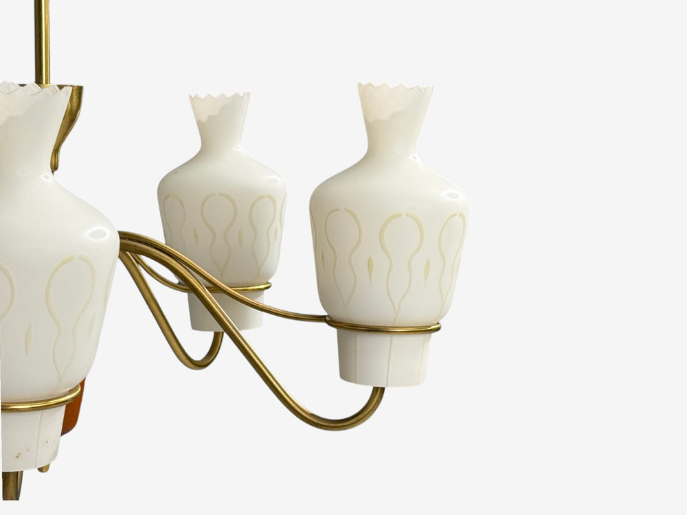 Swedish Modern, Chandelier, Brass, Mahogany, Glass, Sweden, 1940s