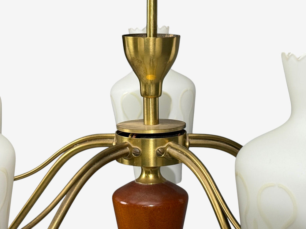 Swedish Modern, Chandelier, Brass, Mahogany, Glass, Sweden, 1940s