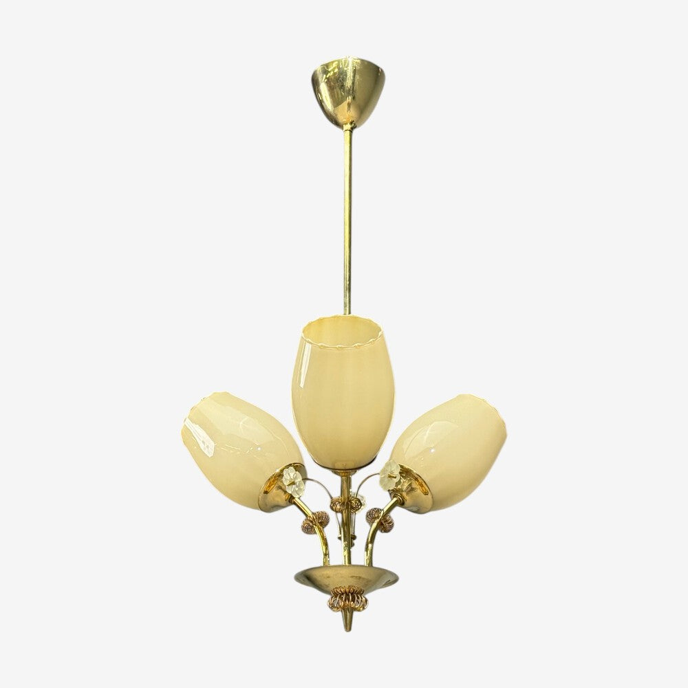 Itsu, Finnish Modern, Snowflake Chandelier, Brass, Glass, Finland, 1950s