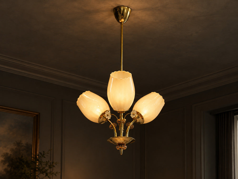 Itsu, Finnish Modern, Snowflake Chandelier, Brass, Glass, Finland, 1950s
