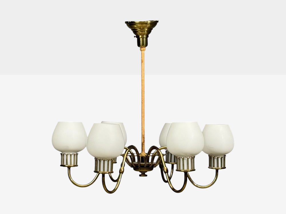 Danish Modern, Chandelier, Brass, String, Glass, Denmark, 1960s