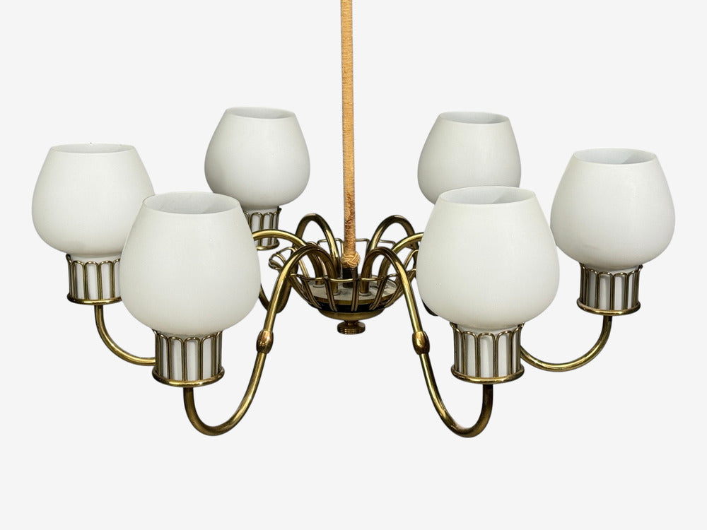Danish Modern, Chandelier, Brass, String, Glass, Denmark, 1960s