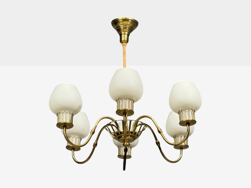 Danish Modern, Chandelier, Brass, String, Glass, Denmark, 1960s