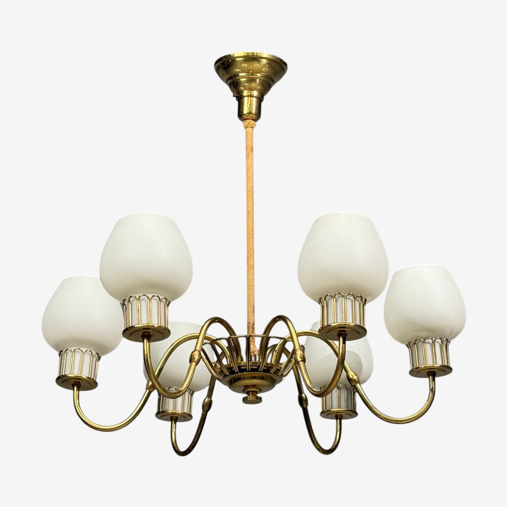 Danish Modern, Chandelier, Brass, String, Glass, Denmark, 1960s