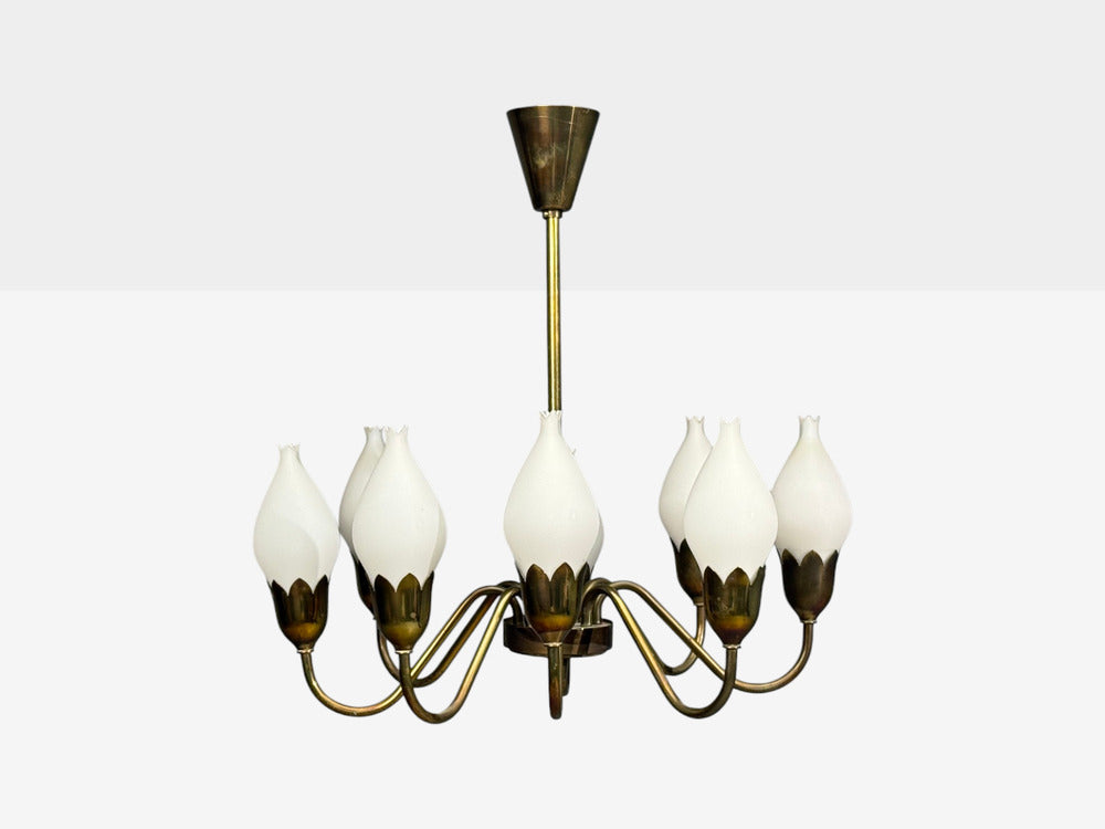 Fog & Mørup, Tulip Chandelier, Opal Glass, Brass, Denmark, 1950s