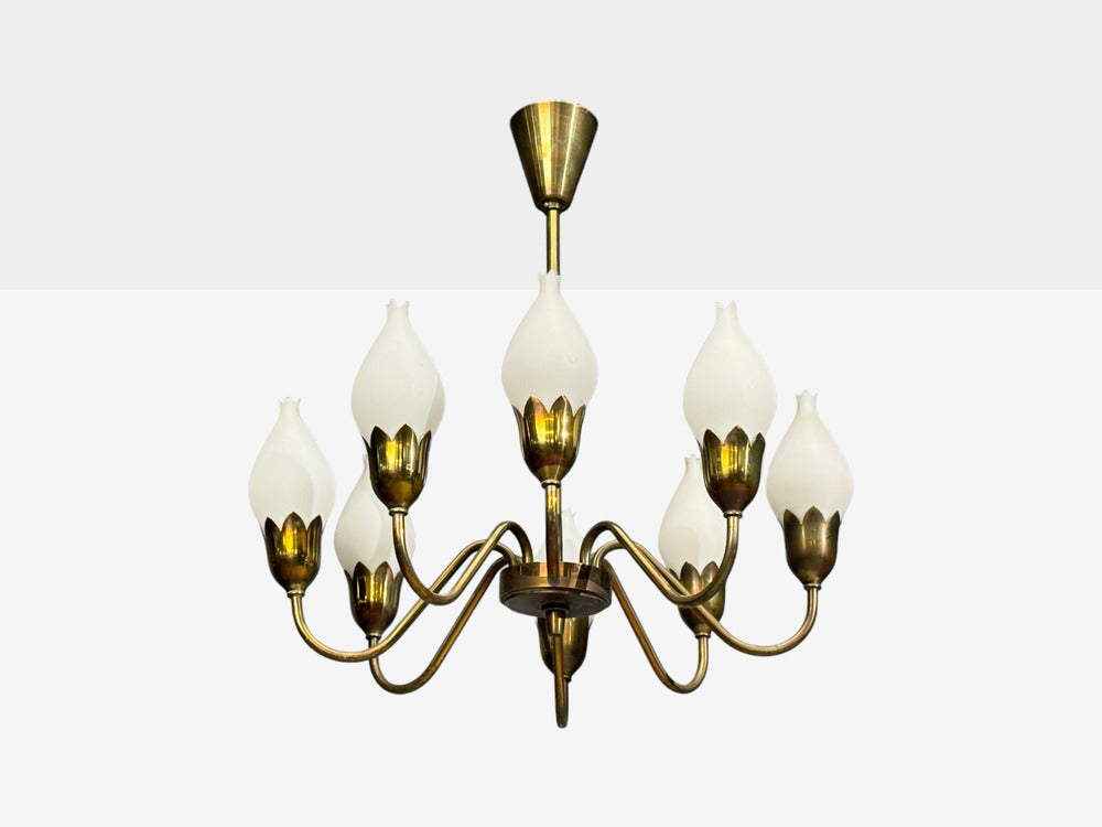 Fog & Mørup, Tulip Chandelier, Opal Glass, Brass, Denmark, 1950s