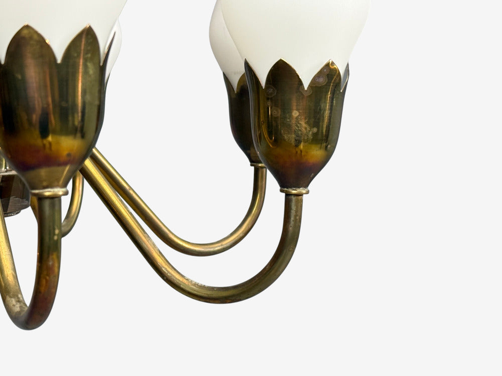 Fog & Mørup, Tulip Chandelier, Opal Glass, Brass, Denmark, 1950s