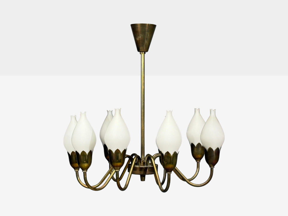 Fog & Mørup, Tulip Chandelier, Opal Glass, Brass, Denmark, 1950s