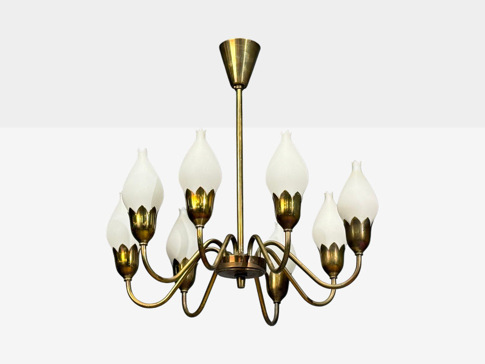Fog & Mørup, Tulip Chandelier, Opal Glass, Brass, Denmark, 1950s