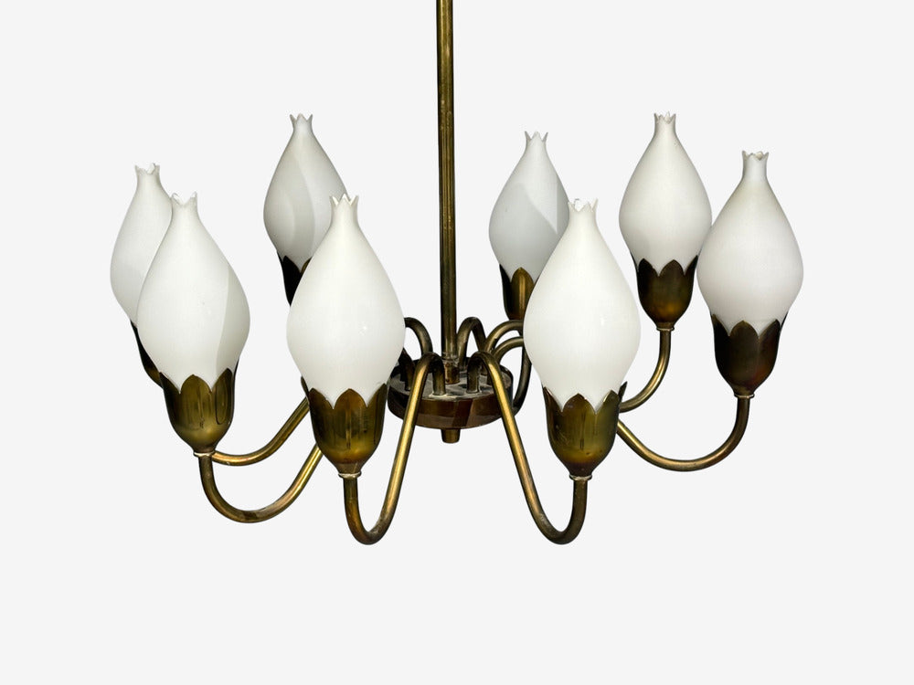Fog & Mørup, Tulip Chandelier, Opal Glass, Brass, Denmark, 1950s