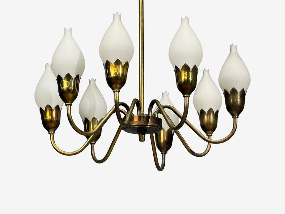 Fog & Mørup, Tulip Chandelier, Opal Glass, Brass, Denmark, 1950s