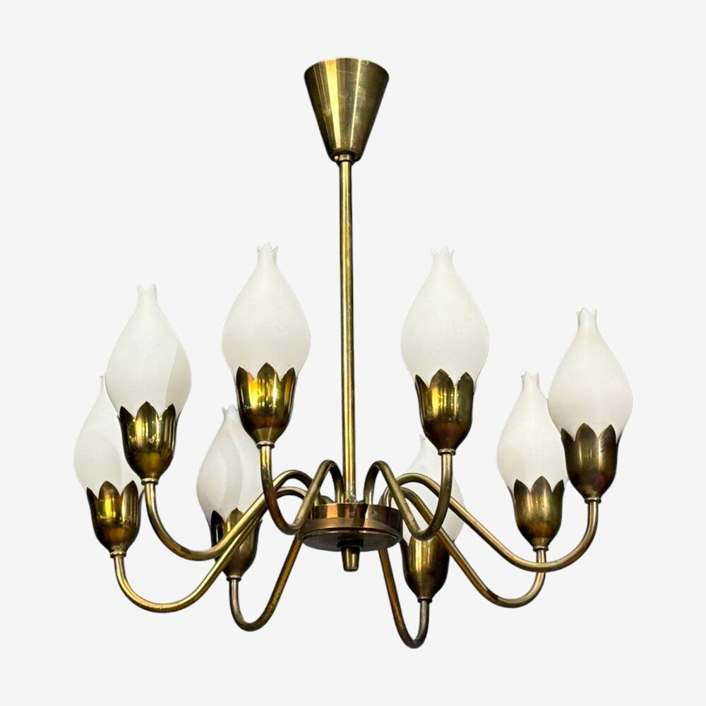 Fog & Mørup, Tulip Chandelier, Opal Glass, Brass, Denmark, 1950s