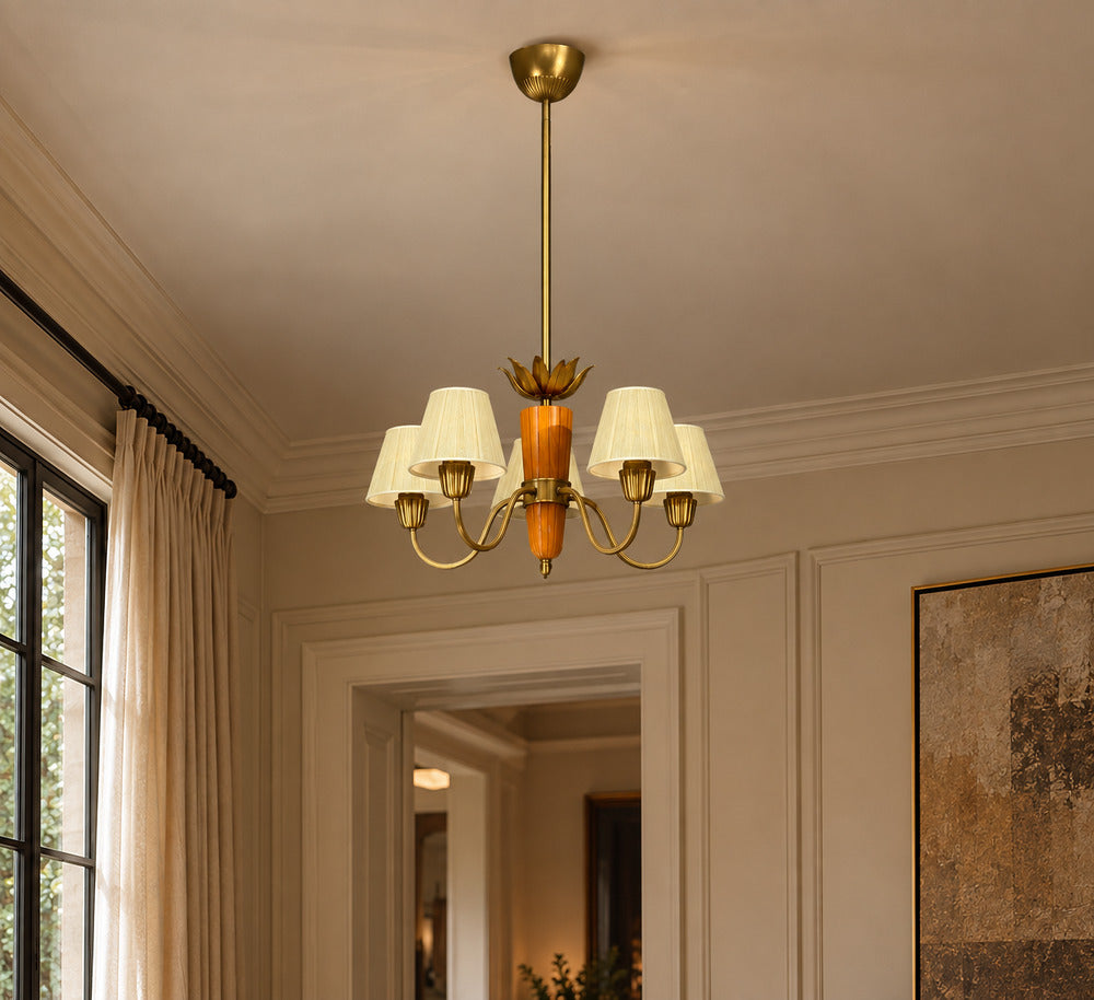 ASEA, Chandelier, Brass, Elm, Fabric, Sweden, Sweden, 1947