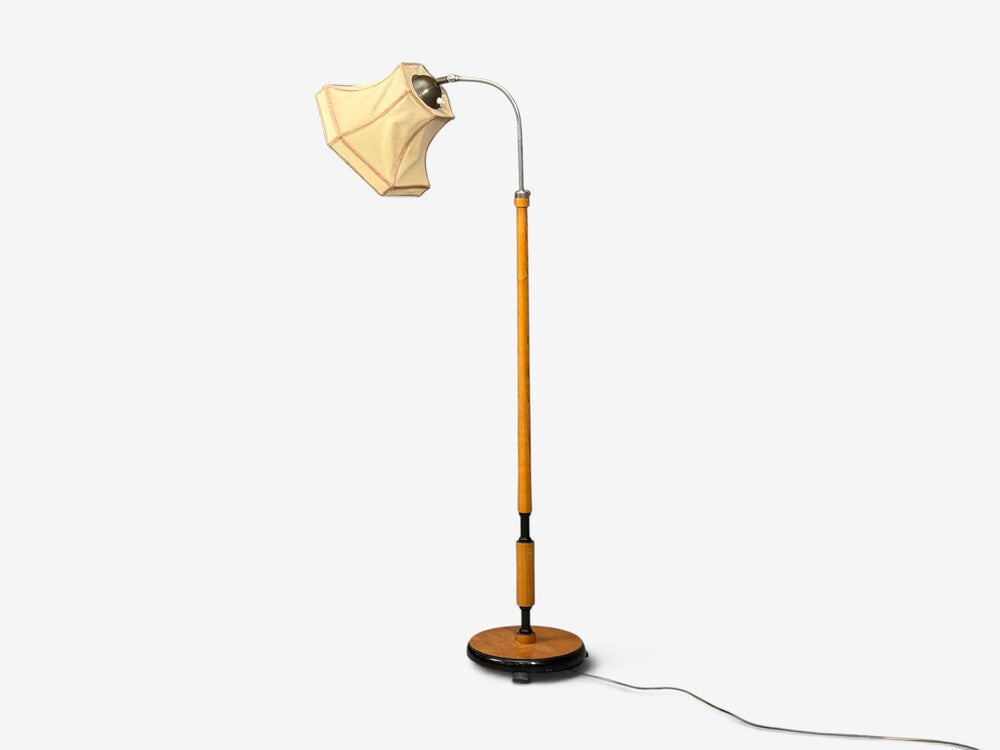 Swedish Modern, Floor Lamp, Oak, Ebonized Wood, Suede, Sweden, 1950s