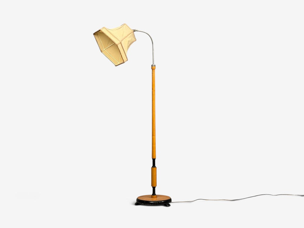 Swedish Modern, Floor Lamp, Oak, Ebonized Wood, Suede, Sweden, 1950s