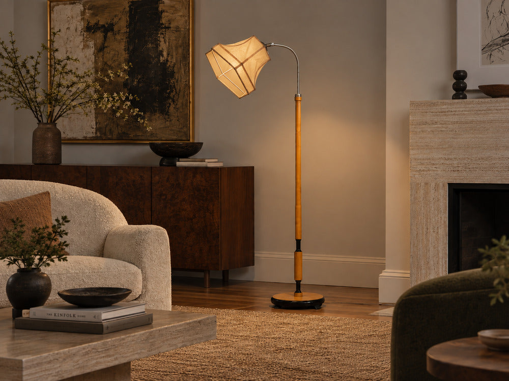 Swedish Modern, Floor Lamp, Oak, Ebonized Wood, Suede, Sweden, 1950s