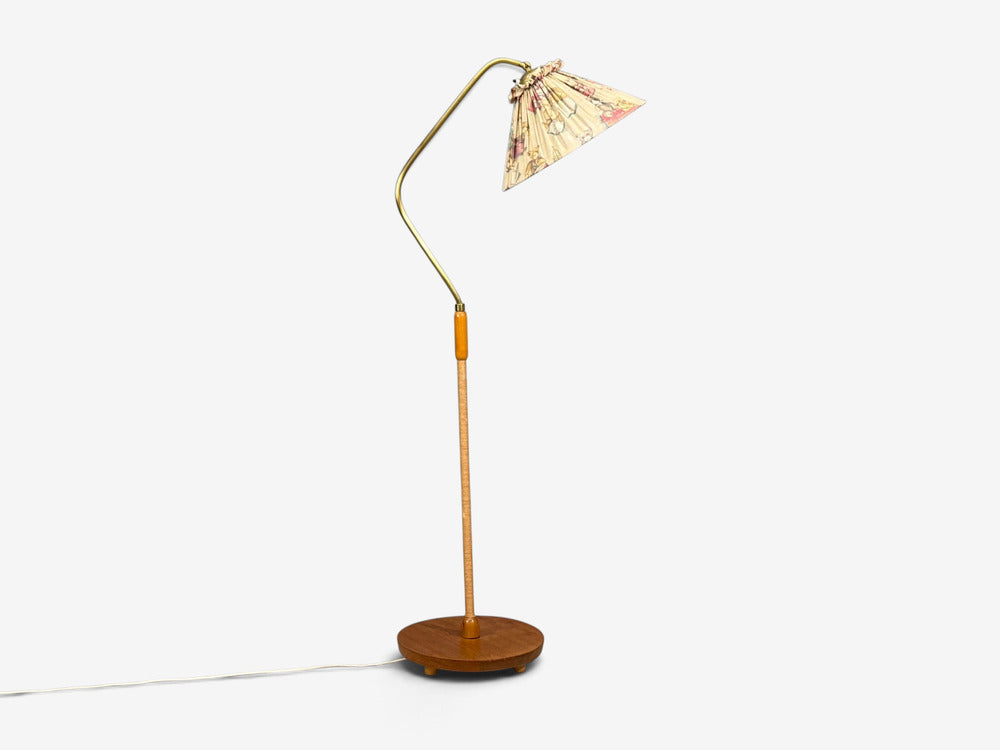 Swedish Modern, Floor Lamp, Elm, Brass, Cord, Beige Fabric, Sweden, 1940s
