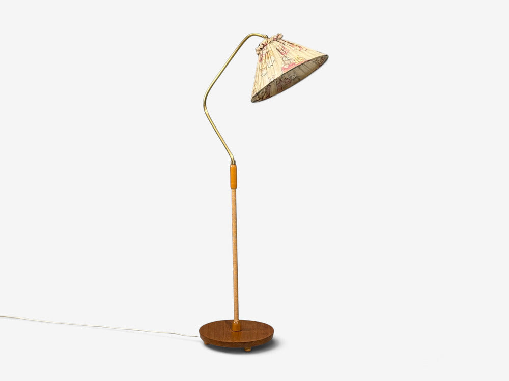Swedish Modern, Floor Lamp, Elm, Brass, Cord, Beige Fabric, Sweden, 1940s