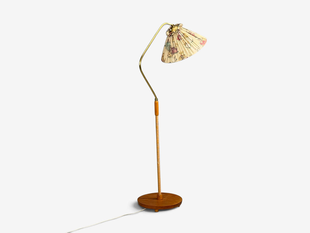 Swedish Modern, Floor Lamp, Elm, Brass, Cord, Beige Fabric, Sweden, 1940s
