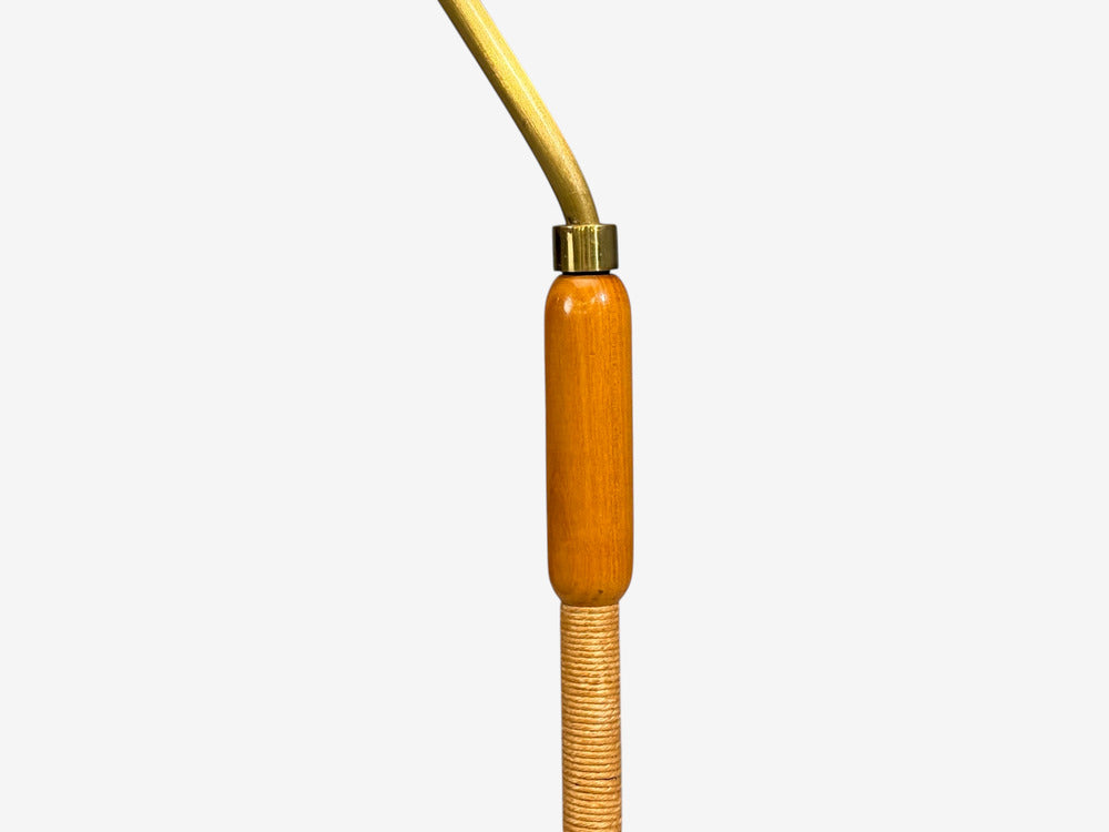 Swedish Modern, Floor Lamp, Elm, Brass, Cord, Beige Fabric, Sweden, 1940s