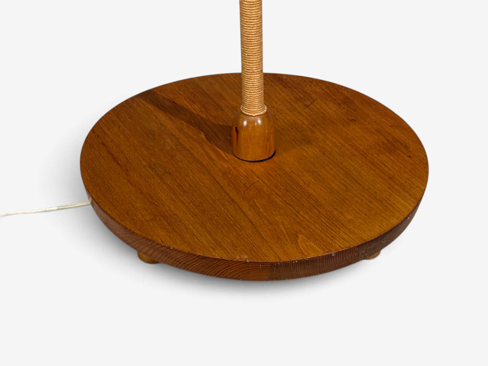 Swedish Modern, Floor Lamp, Elm, Brass, Cord, Beige Fabric, Sweden, 1940s