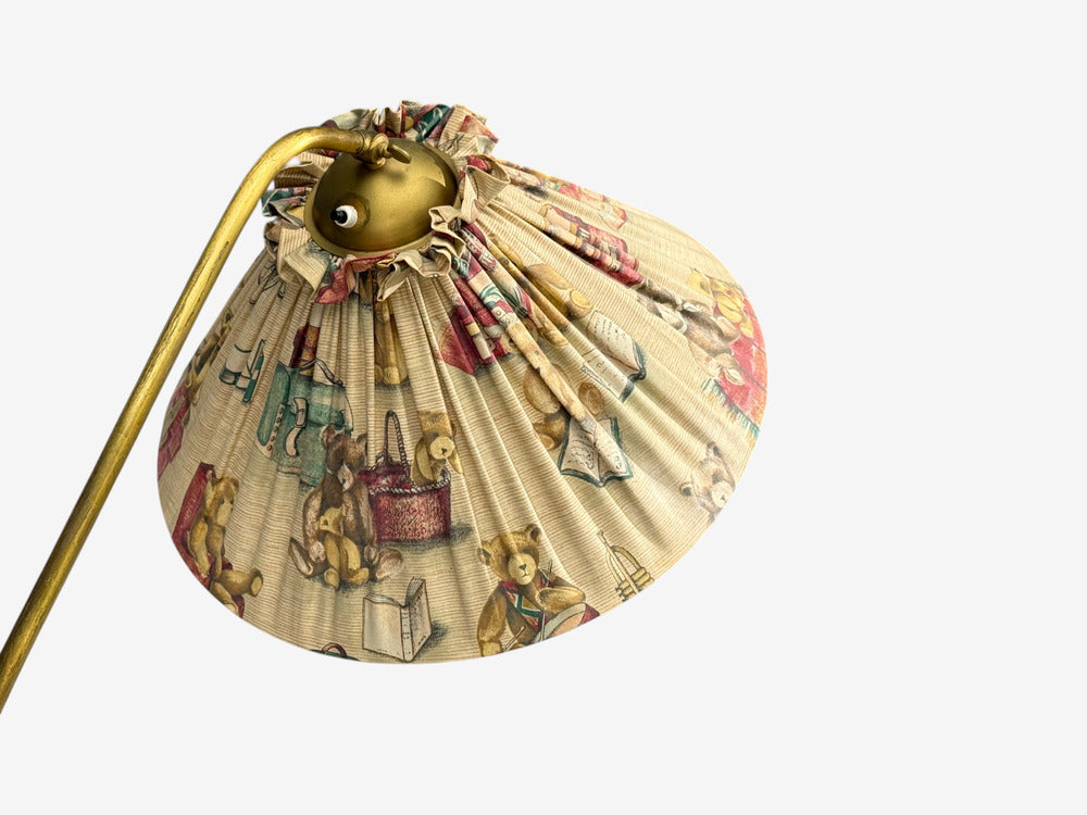 Swedish Modern, Floor Lamp, Elm, Brass, Cord, Beige Fabric, Sweden, 1940s