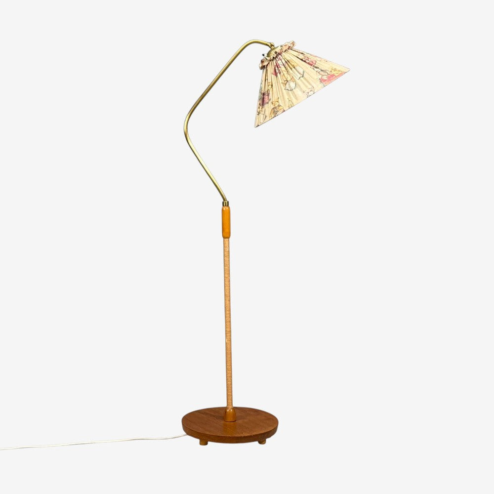 Swedish Modern, Floor Lamp, Elm, Brass, Cord, Beige Fabric, Sweden, 1940s