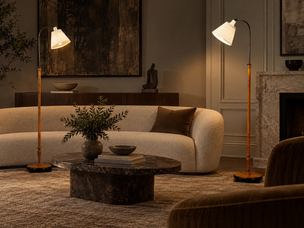 Swedish Modern, Floor Lamps, Burl, Ebonized Wood, Fabric, Sweden, 1940s