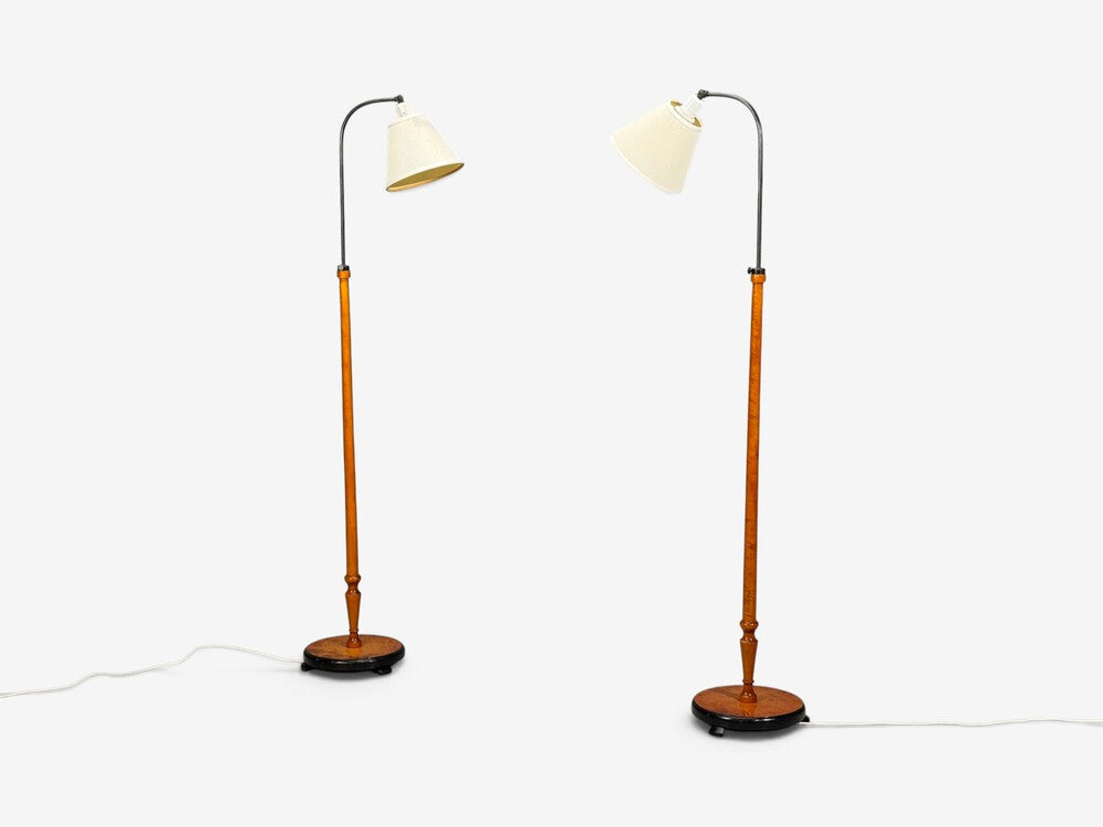 Swedish Modern, Floor Lamps, Burl, Ebonized Wood, Fabric, Sweden, 1940s