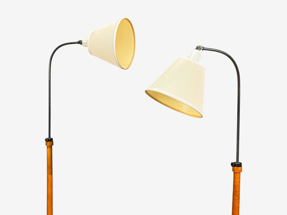 Swedish Modern, Floor Lamps, Burl, Ebonized Wood, Fabric, Sweden, 1940s