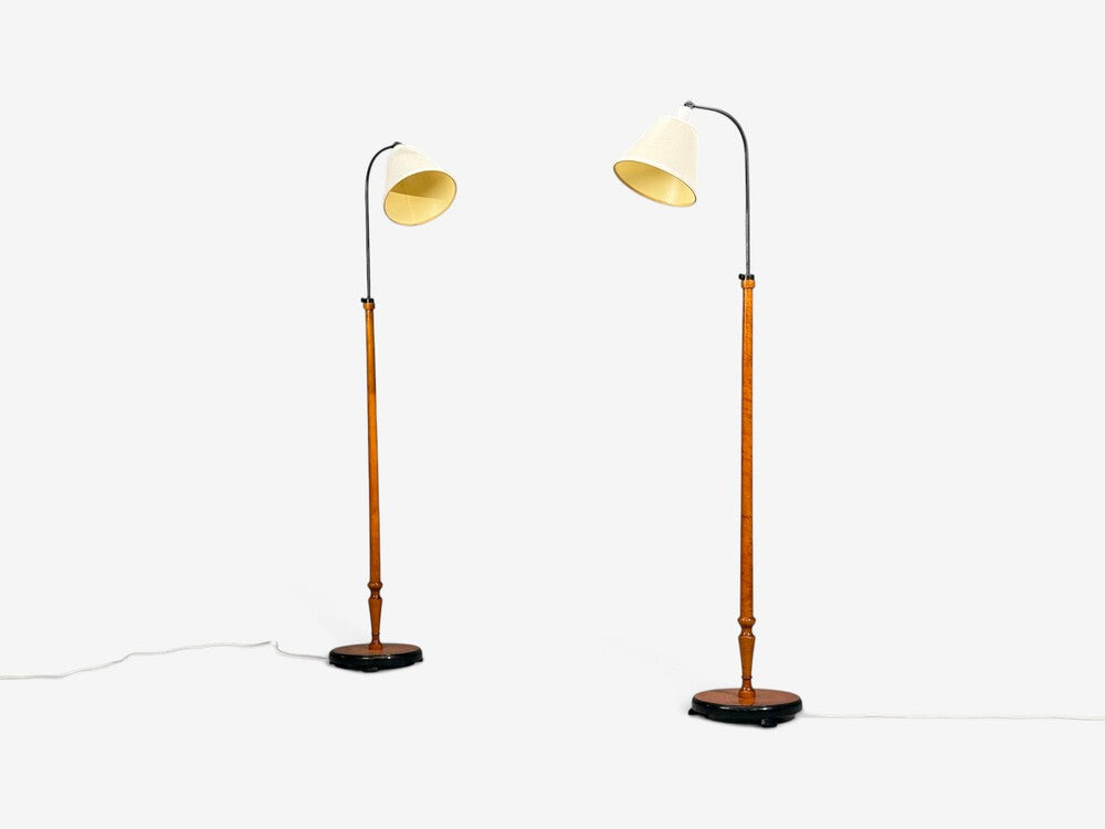 Swedish Modern, Floor Lamps, Burl, Ebonized Wood, Fabric, Sweden, 1940s