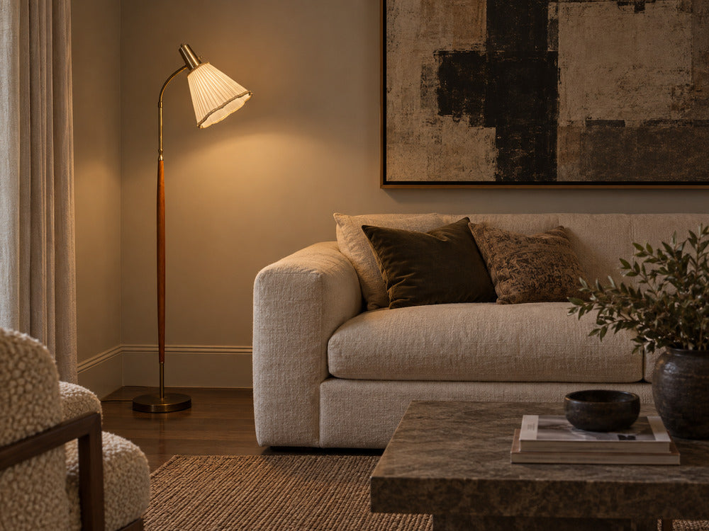 Armaturhantverk Tibro, Floor Lamp, Teak, Brass, Silk, Sweden, 1960s