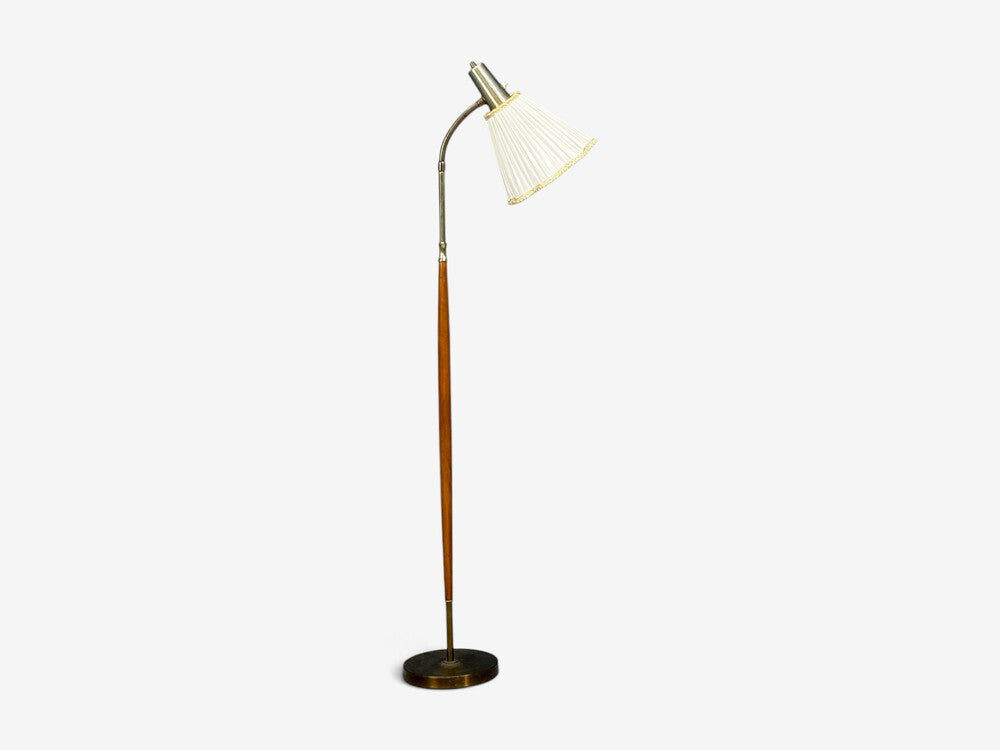 Armaturhantverk Tibro, Floor Lamp, Teak, Brass, Silk, Sweden, 1960s