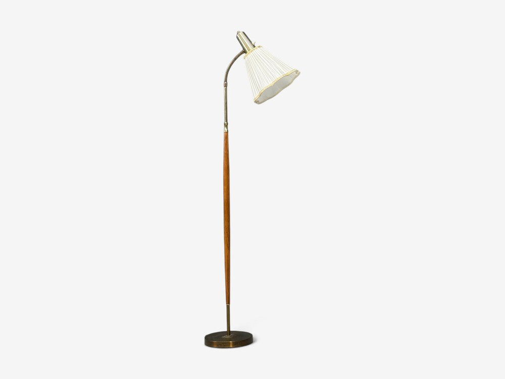 Armaturhantverk Tibro, Floor Lamp, Teak, Brass, Silk, Sweden, 1960s