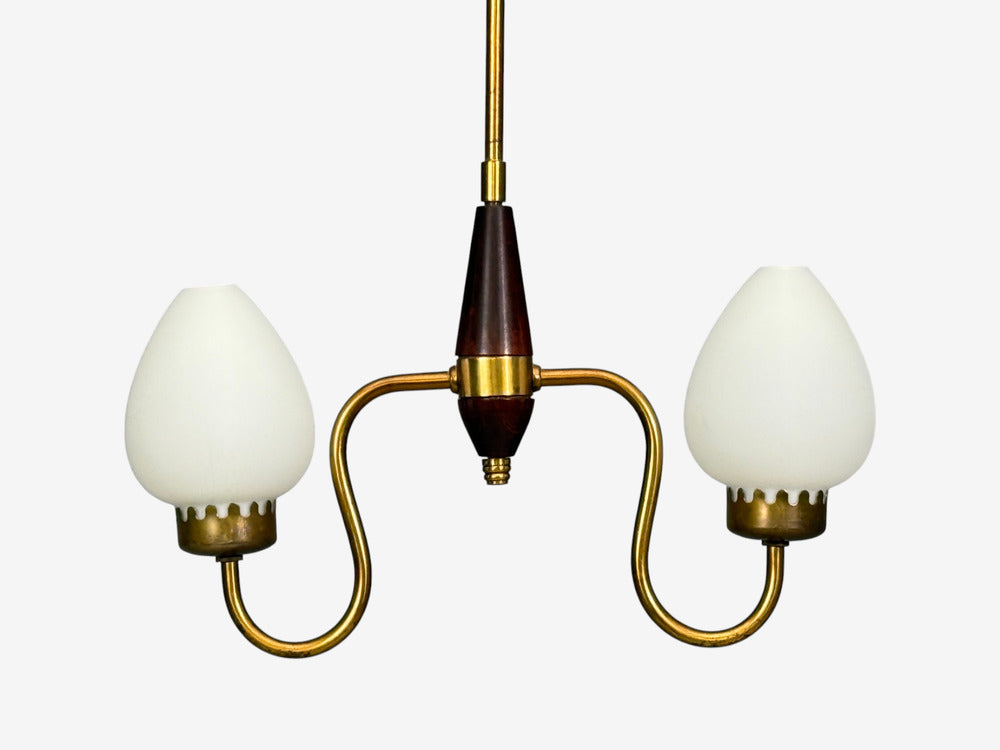 Swedish Modern, Pendant Light, Wood, Brass, Glass, 1960s