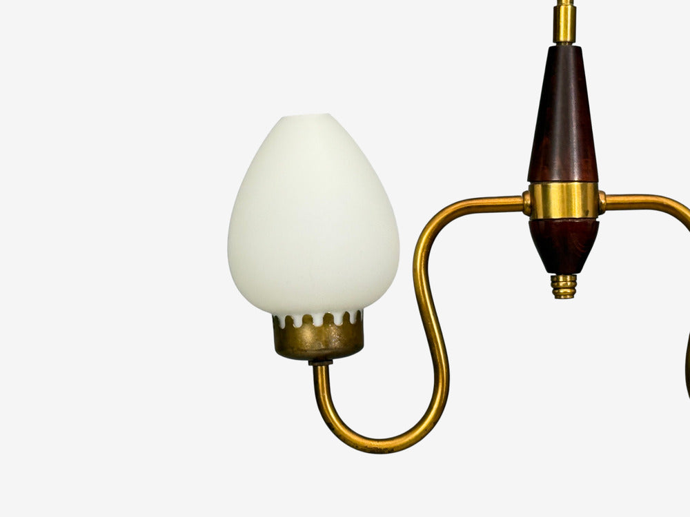 Swedish Modern, Pendant Light, Wood, Brass, Glass, 1960s