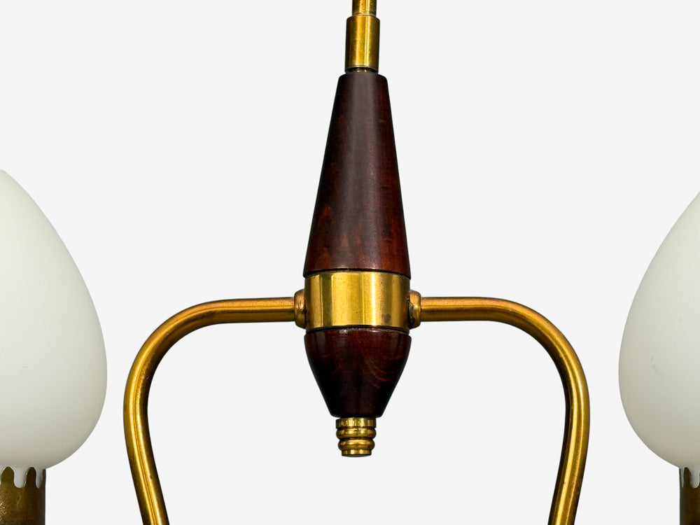 Swedish Modern, Pendant Light, Wood, Brass, Glass, 1960s