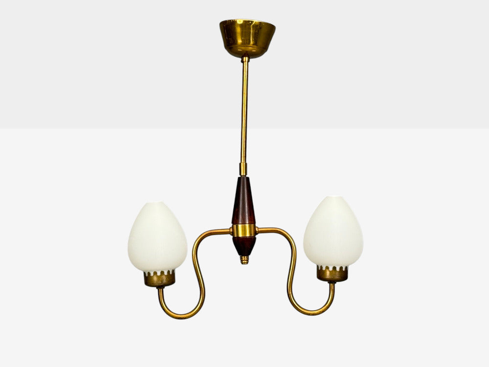 Swedish Modern, Pendant Light, Wood, Brass, Glass, 1960s