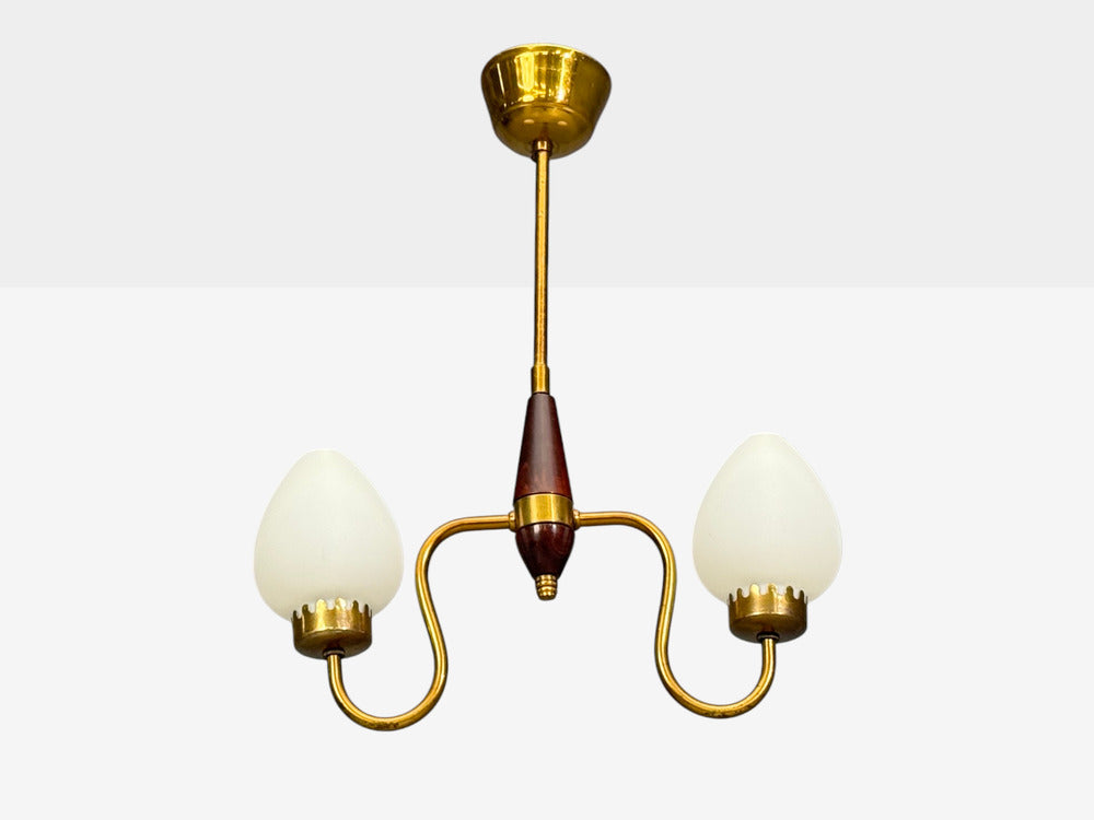 Swedish Modern, Pendant Light, Wood, Brass, Glass, 1960s