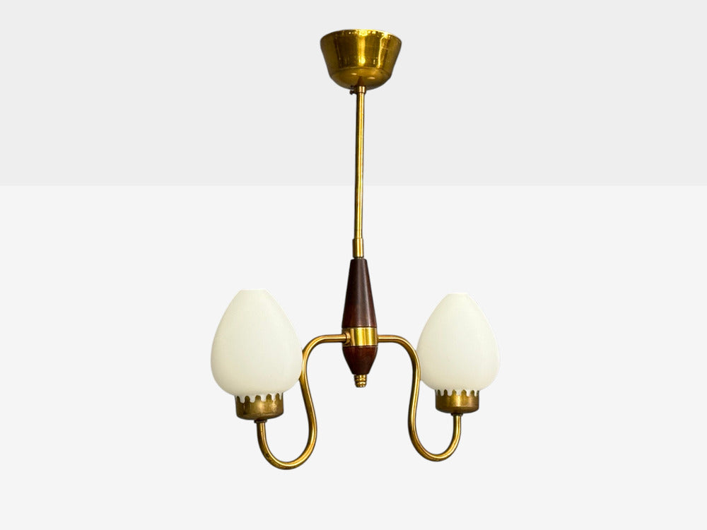 Swedish Modern, Pendant Light, Wood, Brass, Glass, 1960s