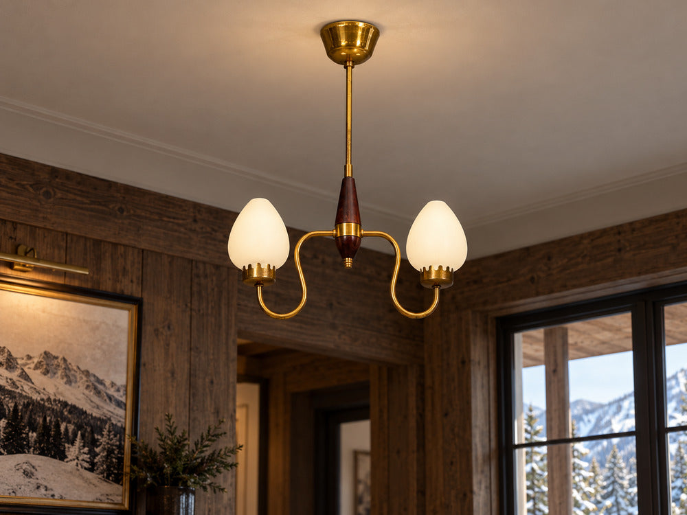 Swedish Modern, Pendant Light, Wood, Brass, Glass, 1960s