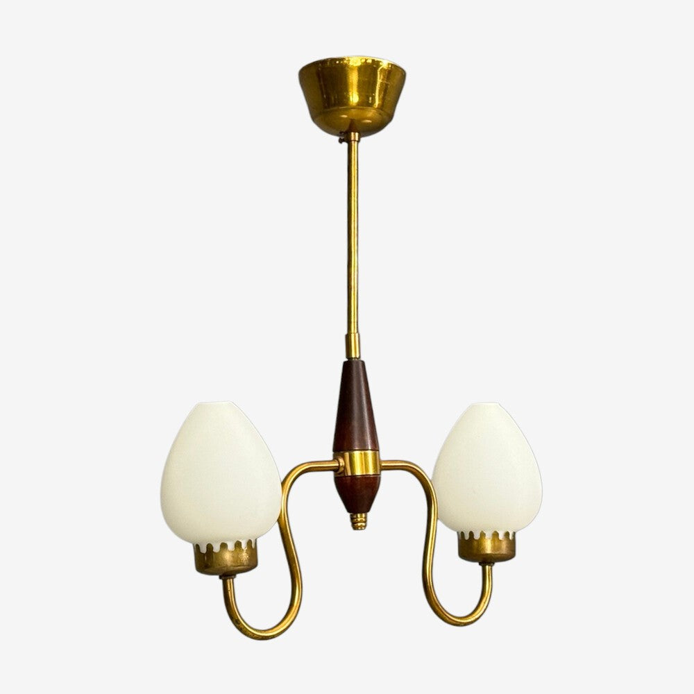 Swedish Modern, Pendant Light, Wood, Brass, Glass, 1960s