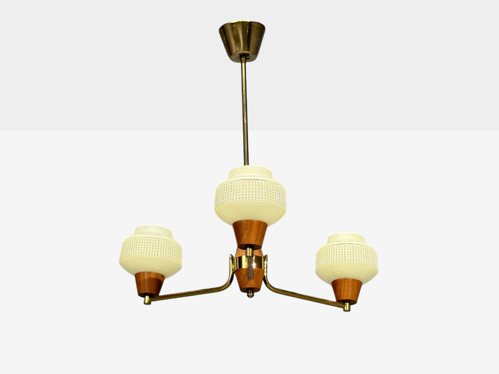 Swedish Modern, Pendant Light, Brass Teak, Textured Glass, Sweden, 1950s