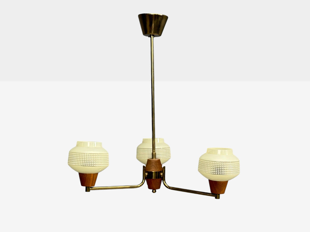 Swedish Modern, Pendant Light, Brass Teak, Textured Glass, Sweden, 1950s